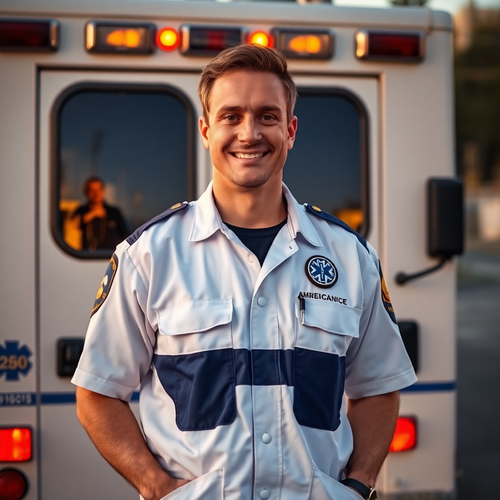 confident paramedic in uniform standing next to ambulance professional portrait warm golden hour lighting first responder healthcare worker