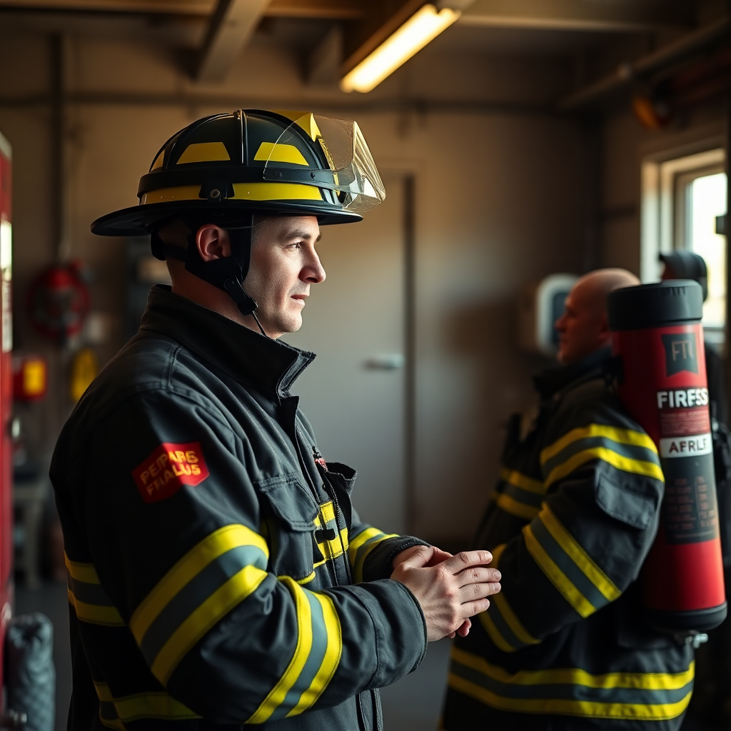 firefighter checking equipment in station warm natural lighting professional portrait first responder lifestyle