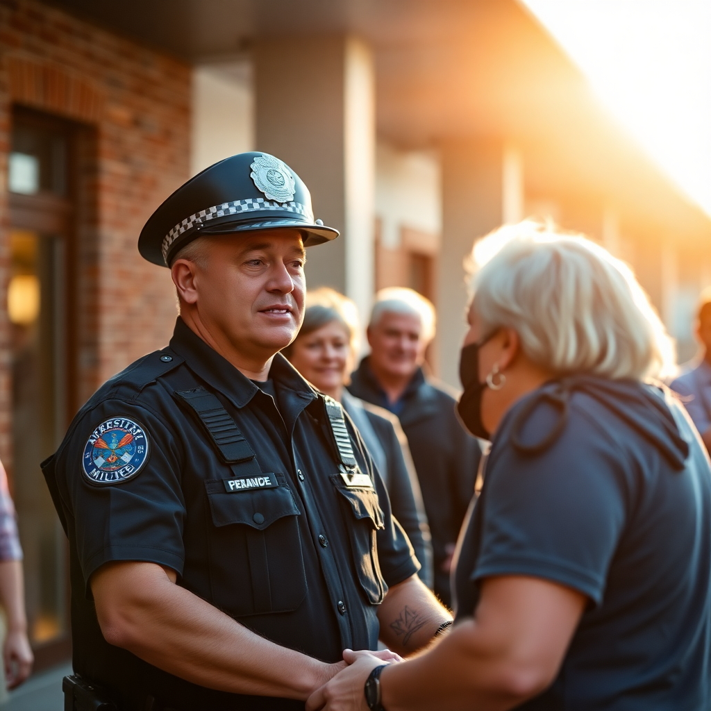 police officer in community setting helping citizen warm afternoon lighting professional lifestyle first responder