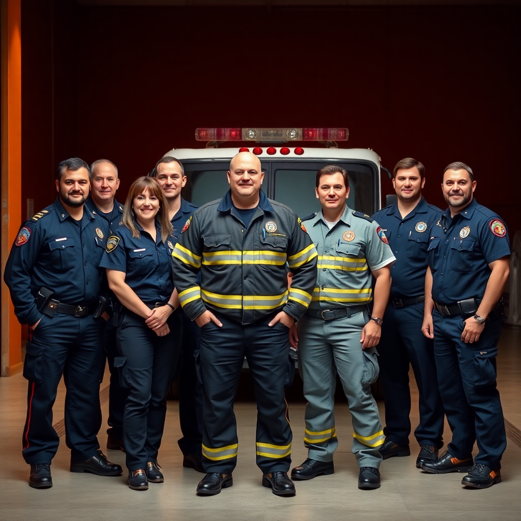 group of diverse first responders firefighter police paramedic standing together professional portrait warm lighting team photo