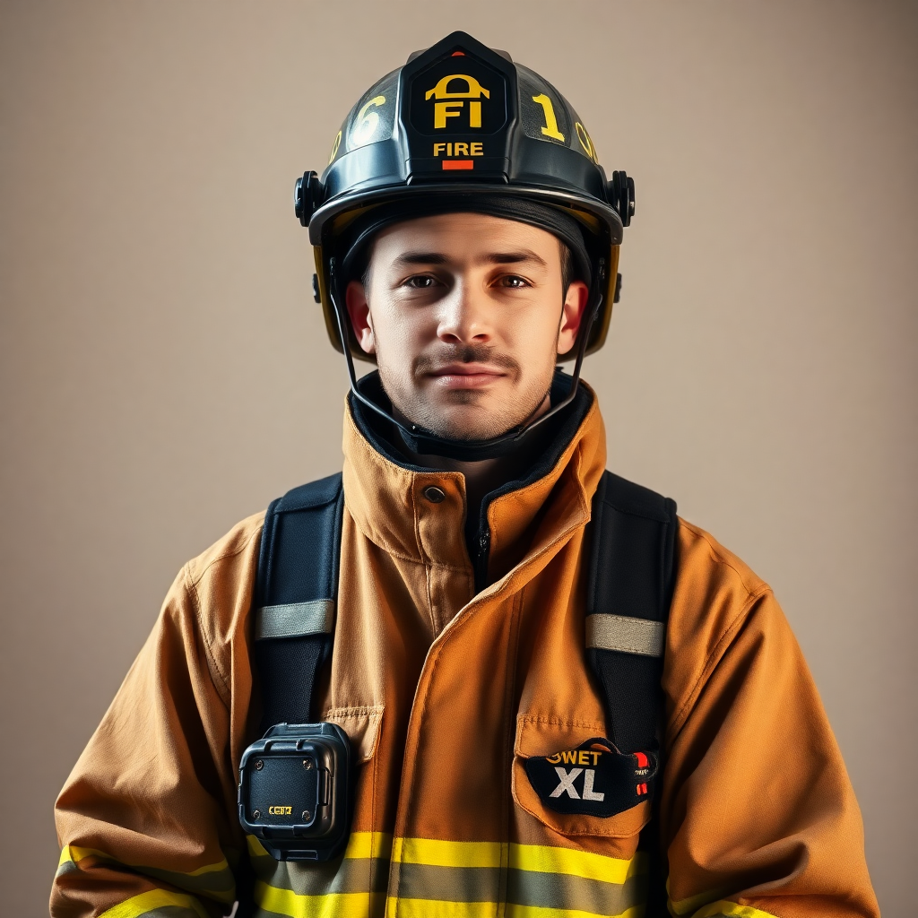 firefighter in full gear with helmet and protective equipment standing confidently professional portrait warm natural lighting heroic pose
