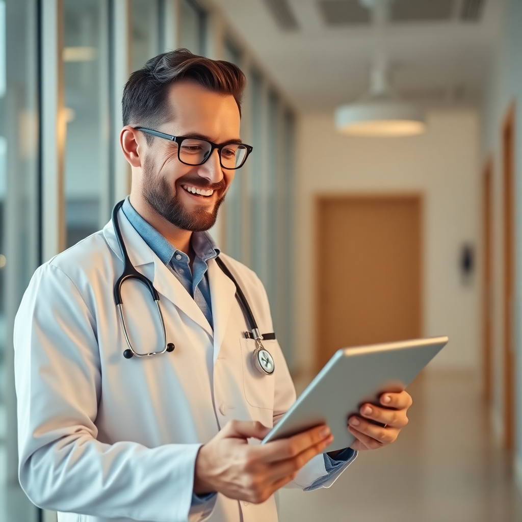 confident professional man in modern medical facility reviewing health data on tablet, warm natural lighting, lifestyle photography