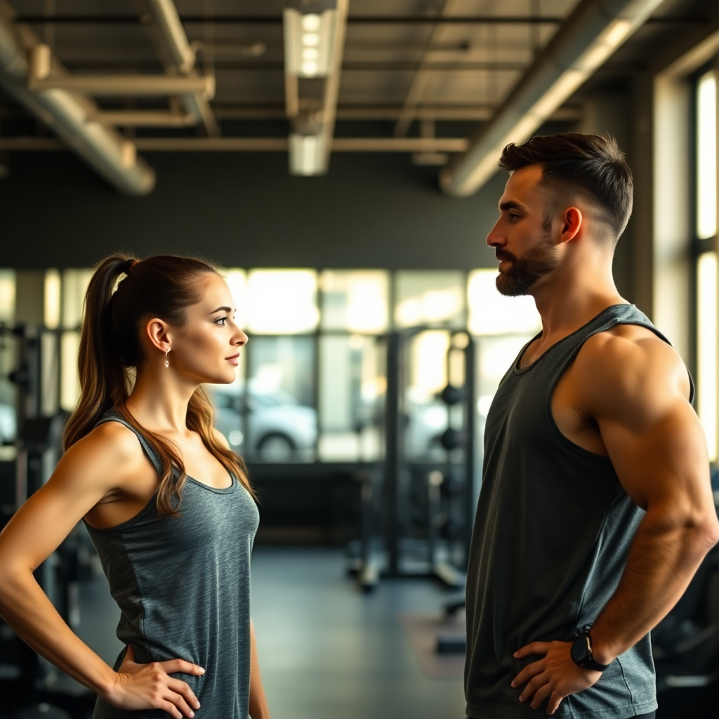 confident fitness trainer with client in gym setting, professional consultation atmosphere, warm natural lighting, candid lifestyle photography