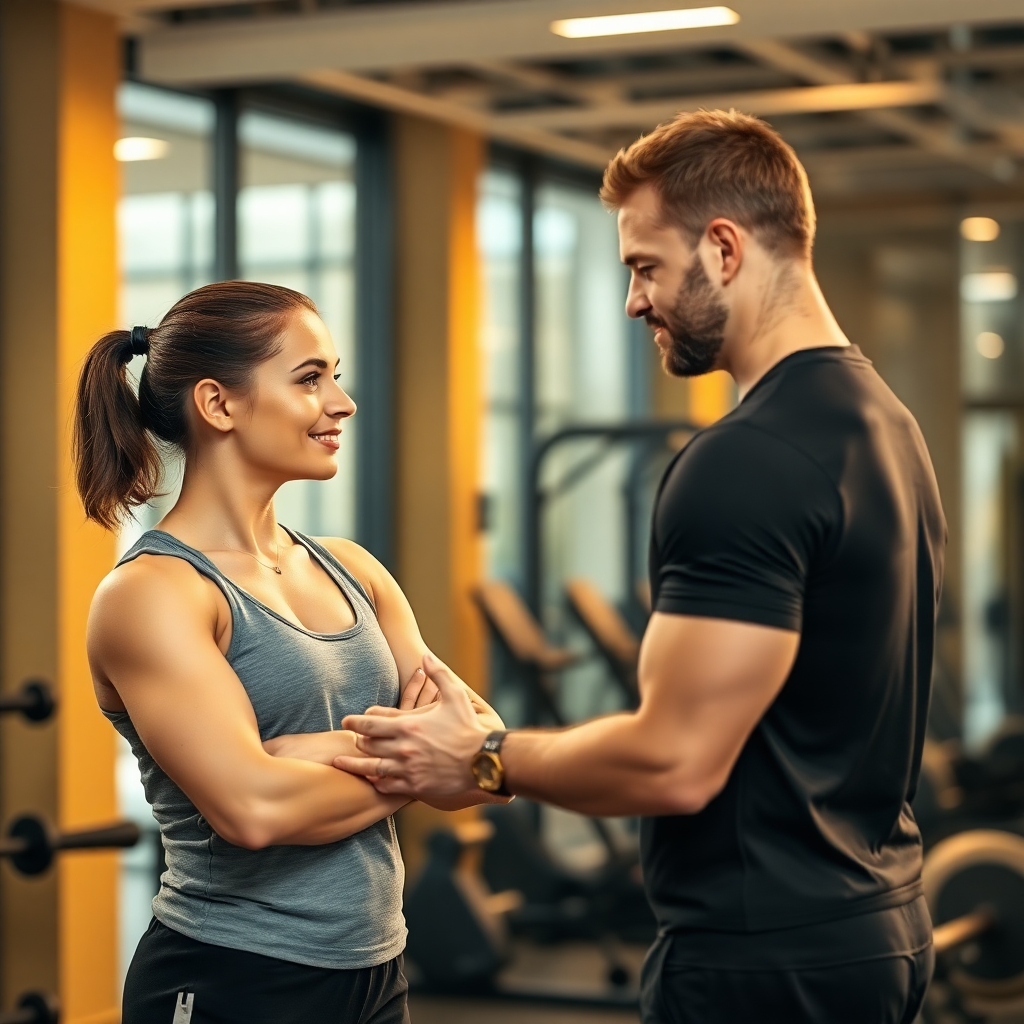 fitness trainer working with client in modern gym, warm golden lighting, professional atmosphere, candid interaction