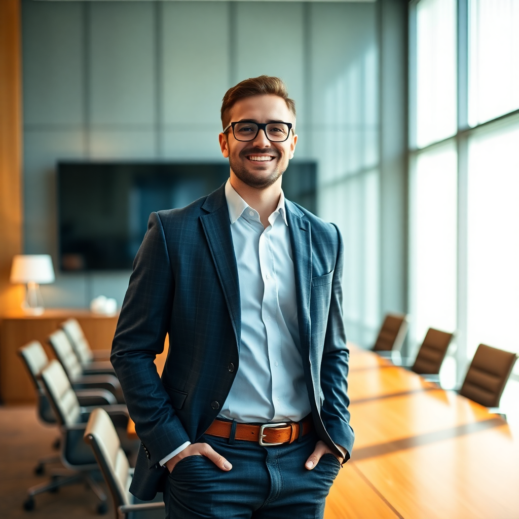 professional executive in modern boardroom looking confident and energized, warm natural lighting, high-end corporate environment