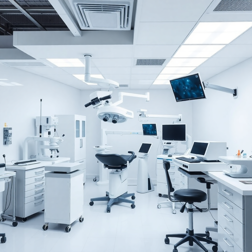 modern medical laboratory with professional equipment, clean bright lighting, scientific precision